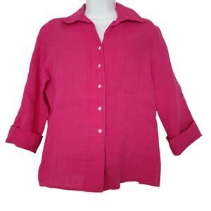 Talbots 100% Irish Linen Top Womens 8 Pink Casual Button Up 3/4 Sleeve